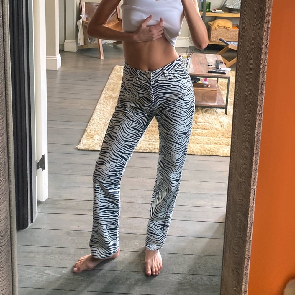 Zara High Waisted Straight Zebra Printed Jeans